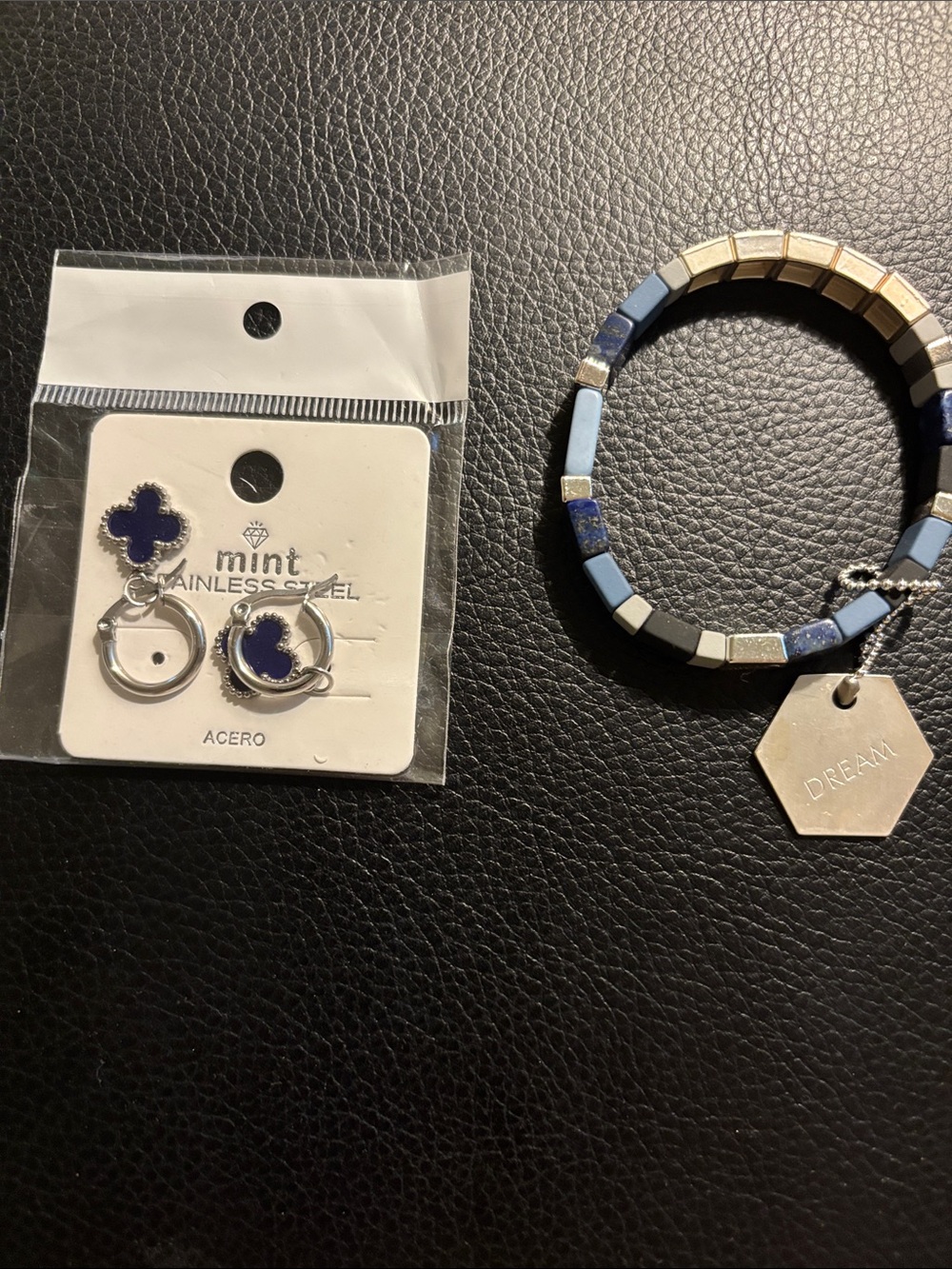 Mint Navy Clover Stud Earrings with Blue & Silver Beaded 'Dream' Bracelet